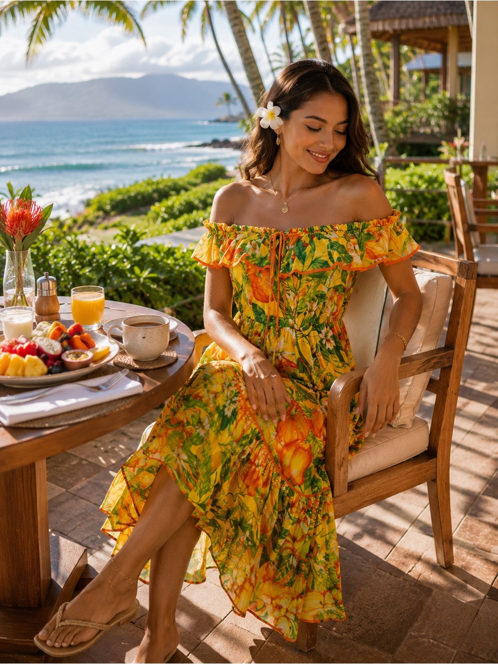 FARM RIO Tangerines Fruit Ruffled Midi Dress ~ Sz S 🧡